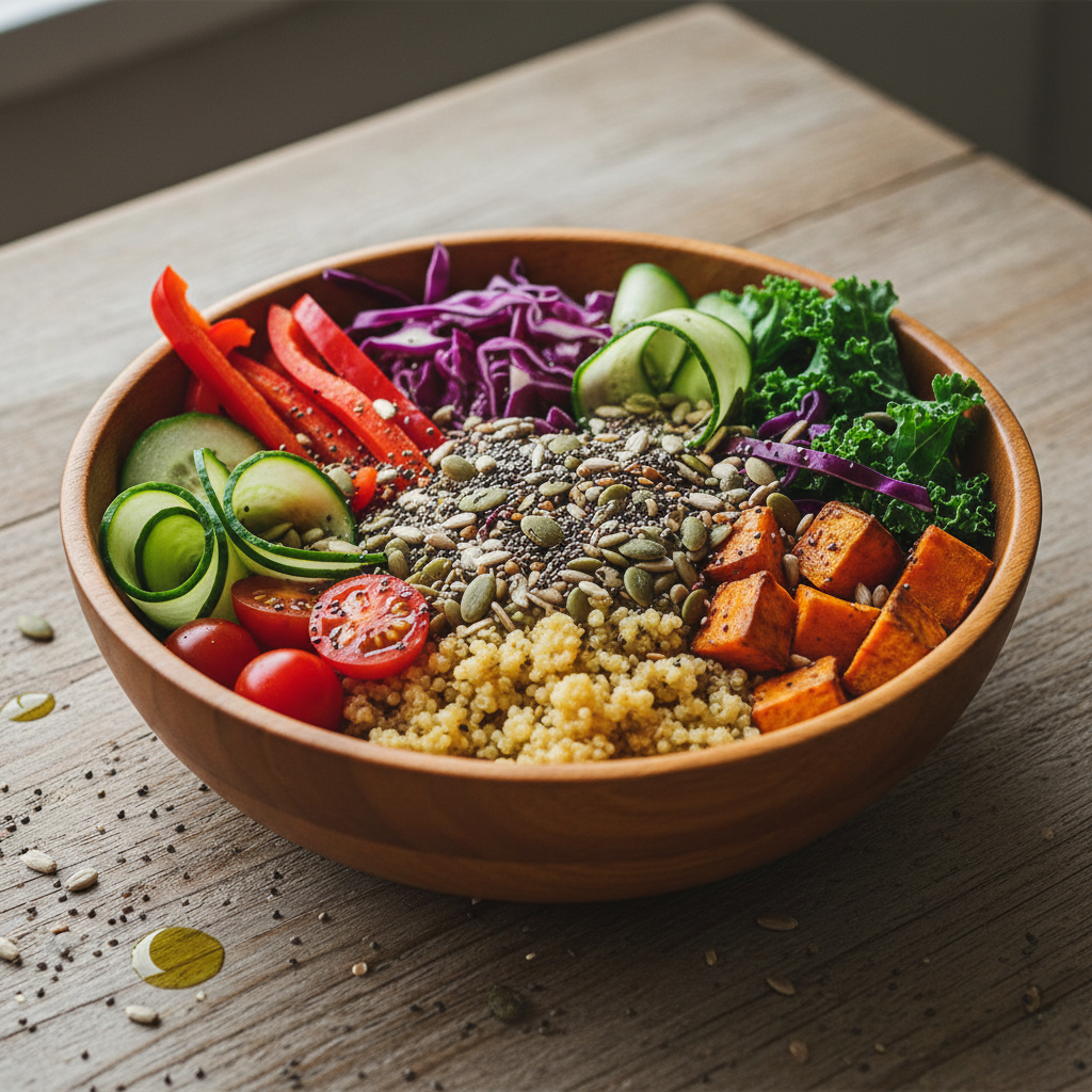 Närbild av en skål med färgglada grönsaker, quinoa och fröer på ett träbord med naturligt ljus – hälsosam och varierad kost