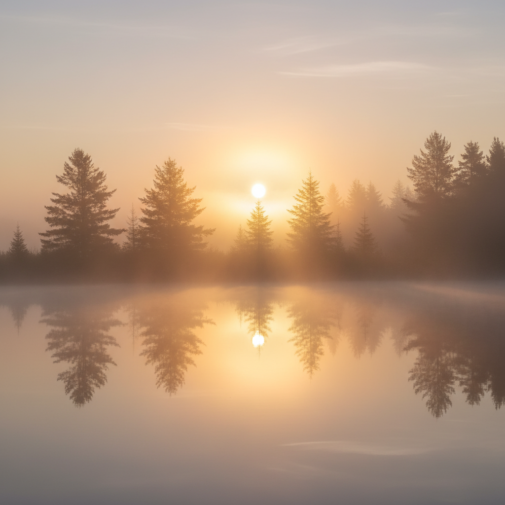 Lugn soluppgång över ett dimmigt landskap med träd och stillsamt vatten, symboliserar inre ro, mental klarhet och närvaro