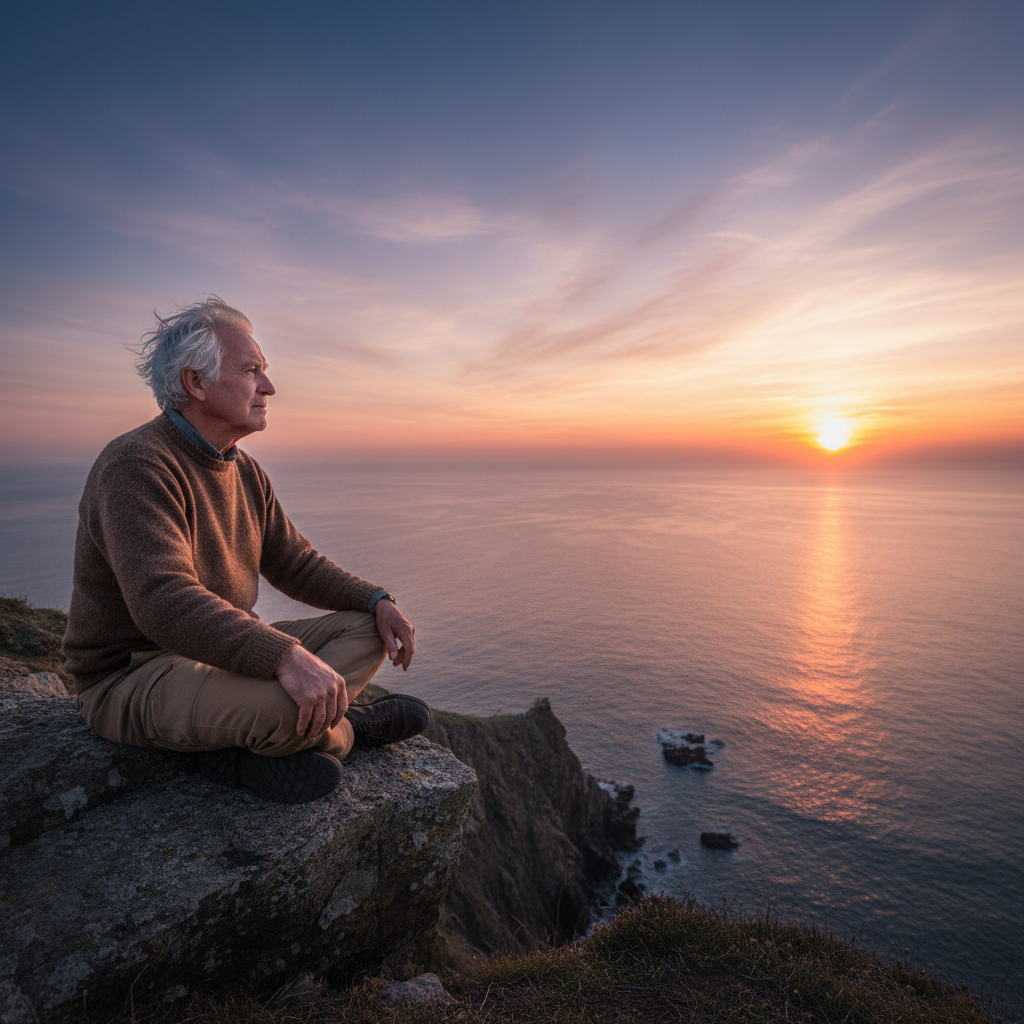Äldre man som sitter på en klipphylla med vid utsikt över ett lugnt hav vid solnedgången, symboliserar långsiktigt perspektiv och inre ro