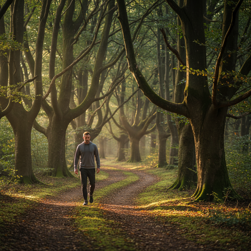 Man som promenerar i en fridfull skogsslinga omgiven av höga träd och mjukt naturligt ljus som symboliserar medveten rörelse och välmående