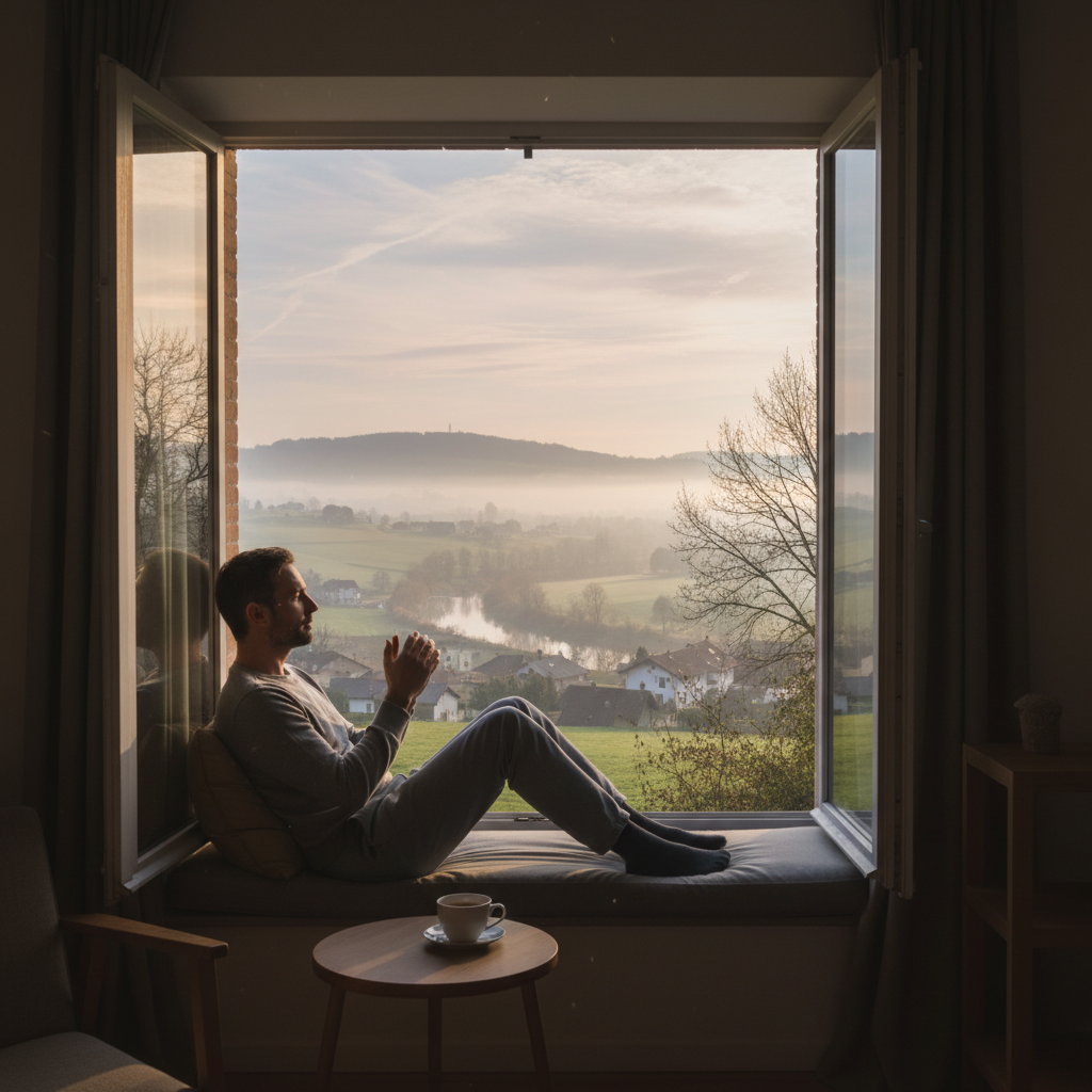 Man som sitter stilla vid ett öppet fönster och betraktar ett lugnt landskap i det tidiga morgonljuset, förmedlar stillhet och närvaro