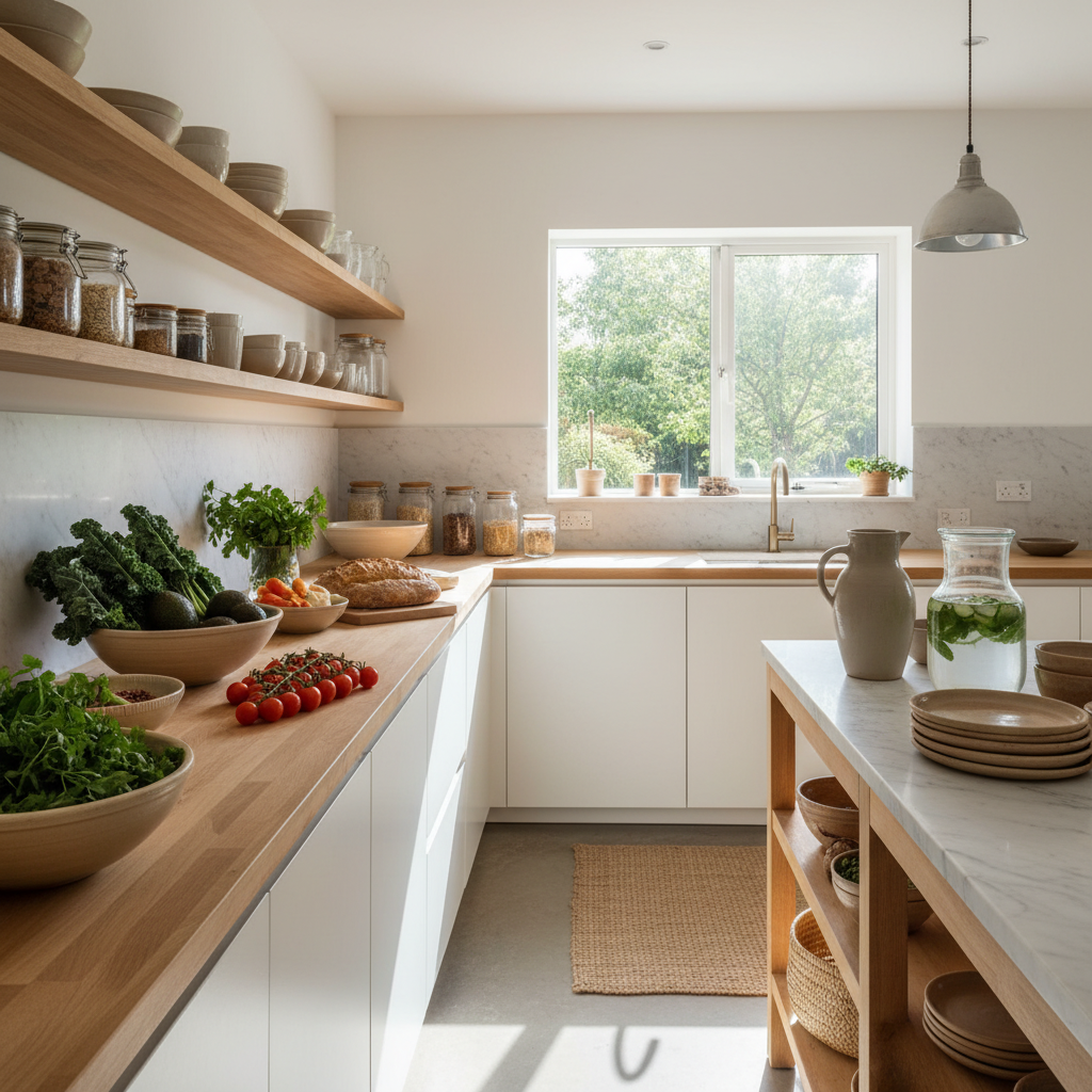 Välordnat och ljust kök med naturliga material och hälsosamma ingredienser på bänkskivan, förmedlar en stillsam och ordnad vardag